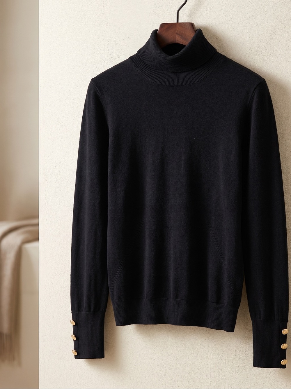 Women’s Black Turtleneck Sweater with Button Cuffs